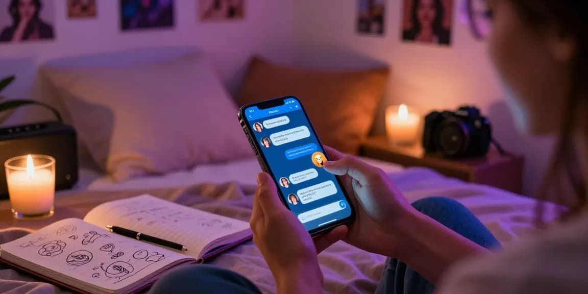 User interacting with sexting AI on smartphone in a cozy bedroom, showcasing intimate ambiance and digital connection.