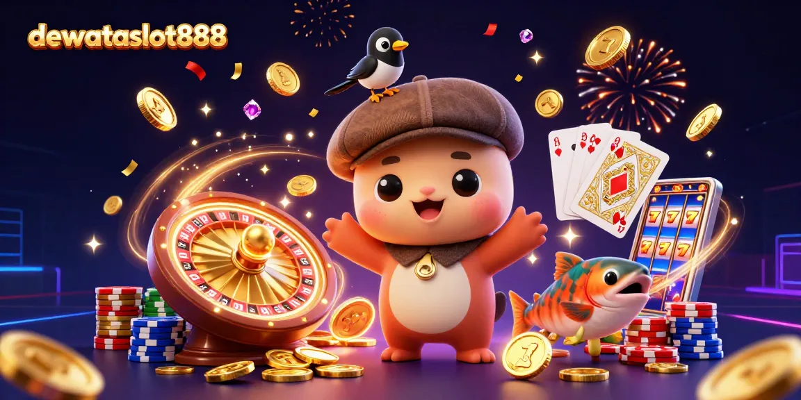 Gambaran menarik "dewataslot888" menampilkan karakter lucu di adegan kasino dengan banyak koin emas mengalir.