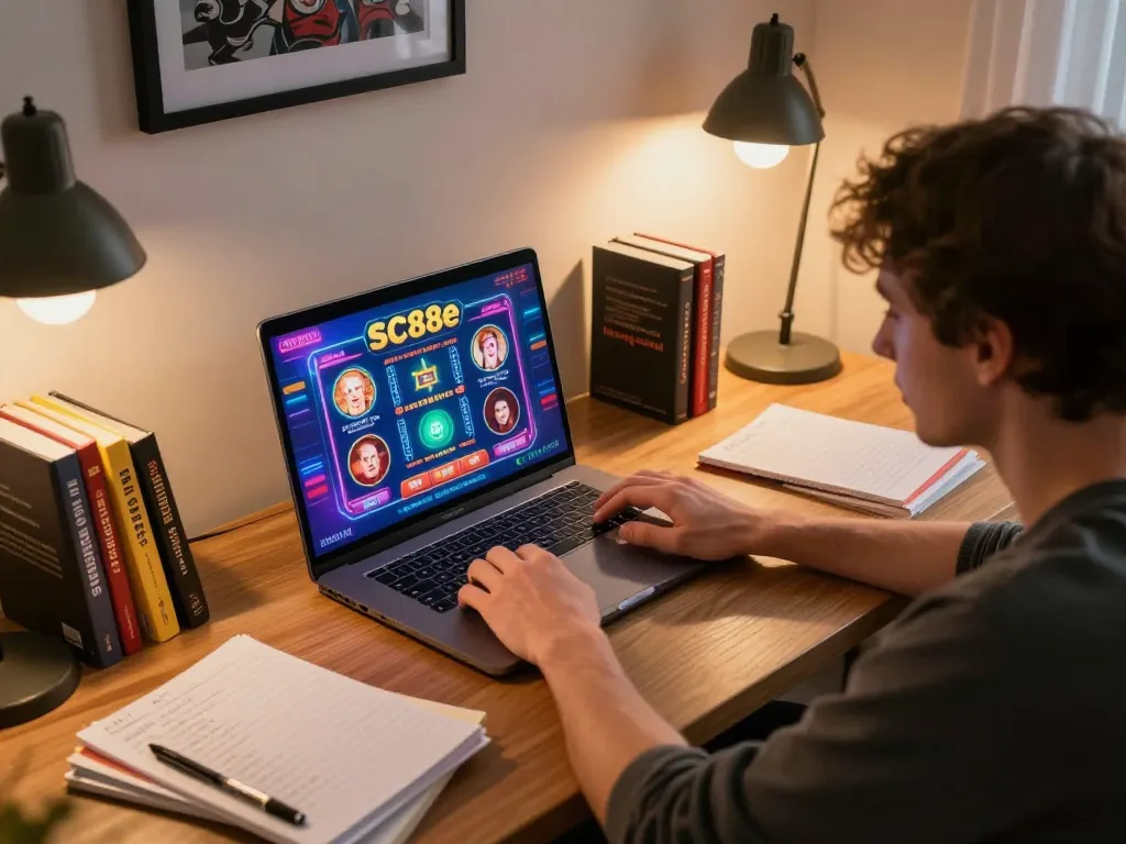 Engaging in online gaming with SC88e, showcasing a laptop displaying casino games in a cozy home environment