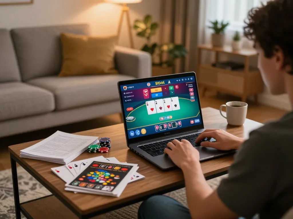 Engaging in responsible gameplay at home with luckyindex, showcasing poker strategy on laptop.