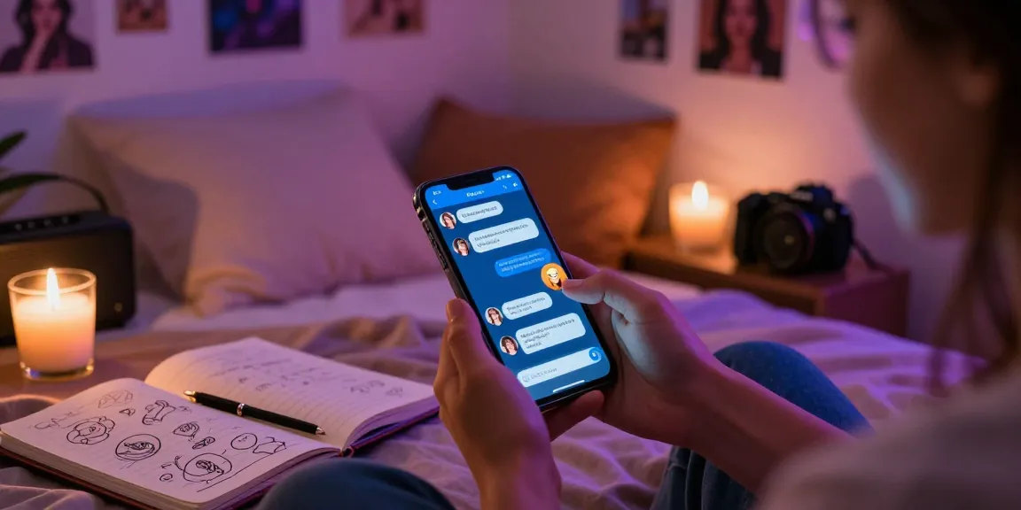 User interacting with sexting AI on smartphone in a cozy bedroom, showcasing intimate ambiance and digital connection.