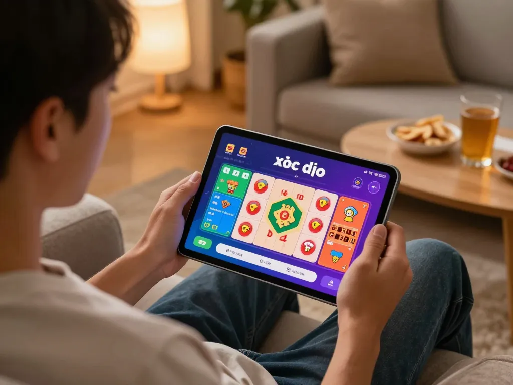 xóc đĩa gameplay on tablet with cozy home setting and engaging atmosphere