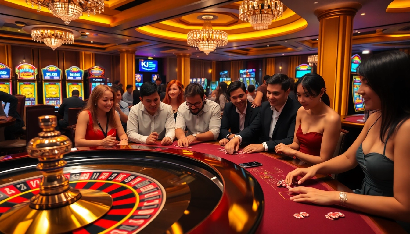 KJC casino experience showcasing engaged players at a roulette table with vibrant decor.