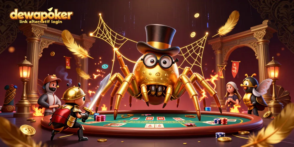 Dewapoker link alternatif login showcases a vibrant 3D scene with a golden tarantula in a casino setting.