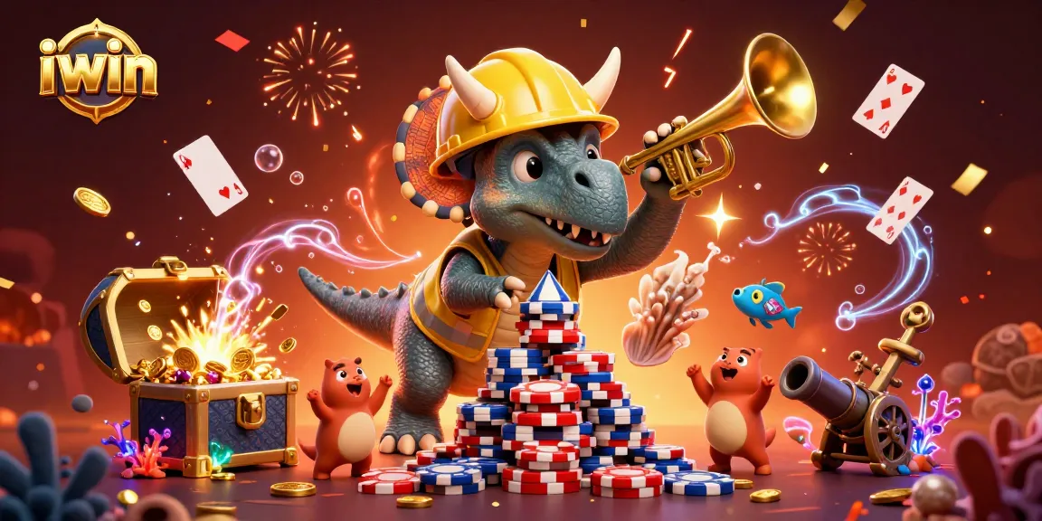 Experience iwin with a vibrant, dynamic illustration of celebrating dinosaurs in an exciting casino scene.