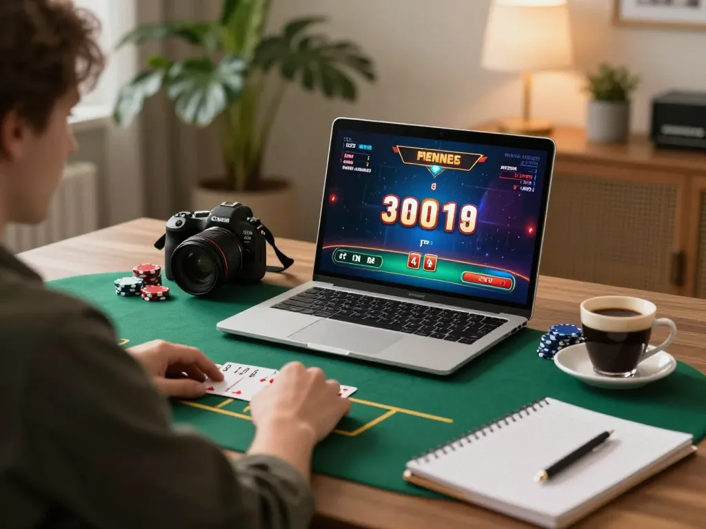 Player actively engaging in F8BET online poker game from a cozy home setup, showcasing strategy notes.