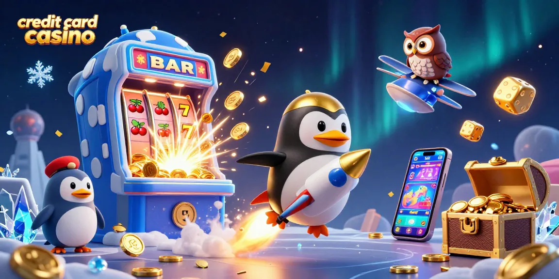 Experience the thrill of a credit card casino with a golden penguin soaring past a jackpot slot and colorful game lobby.