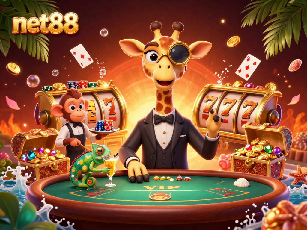 Gamble big with net88 in an ultra-detailed 3D casino scene featuring a giraffe and a monkey valet.