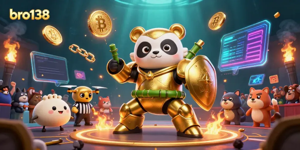 Engage with bro138's thrilling gaming scene featuring a golden panda robot and vibrant crypto elements.