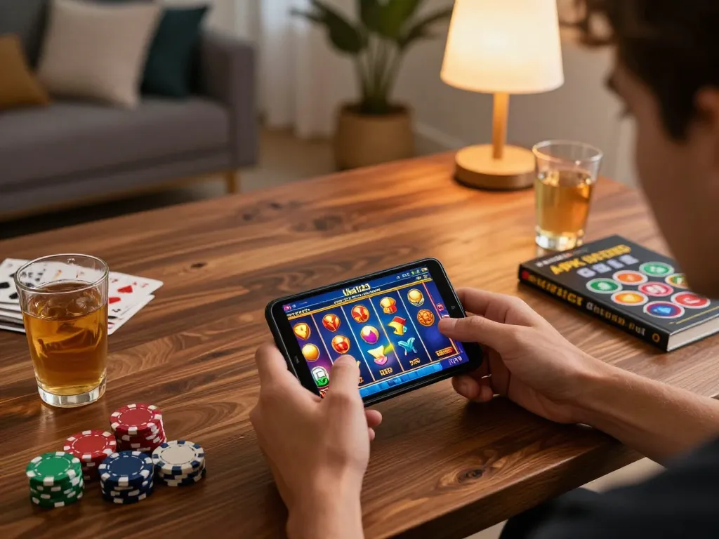 Berinteraksi dengan aplikasi APK Ulat123 untuk permainan kasino seluler di rumah, memutar mesin slot dan catatan strategi terlihat.