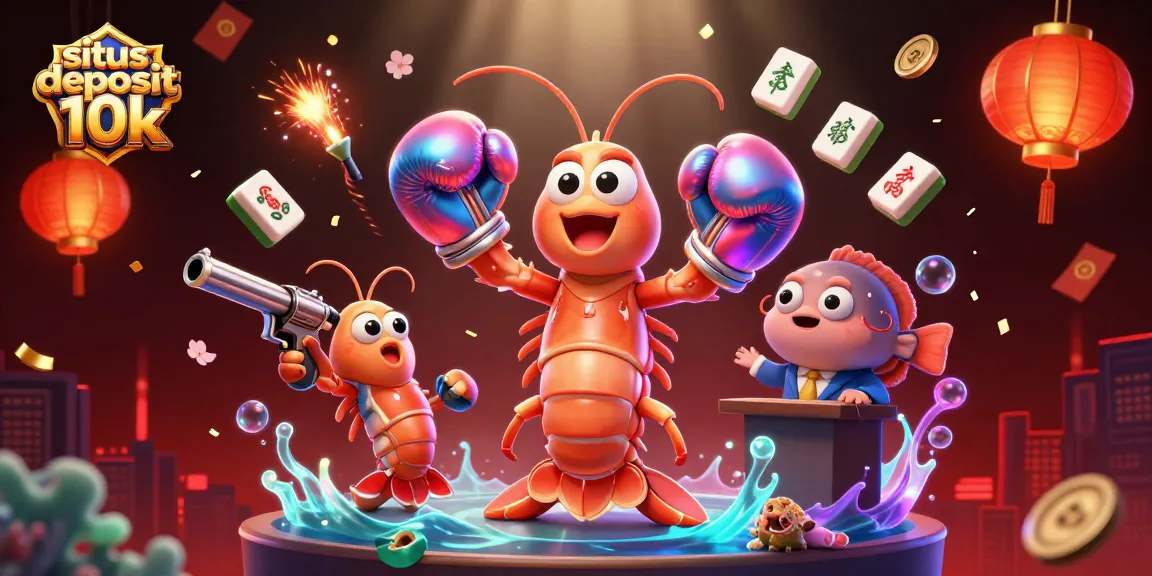 Experience thrilling plays on situs deposit 10k with 3D shrimp characters amidst animated casino elements.