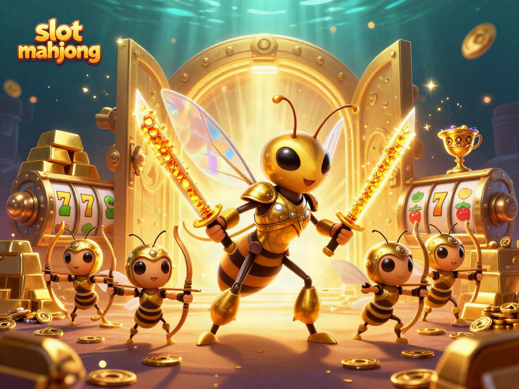 Engage with slot mahjong in this vibrant 3D scene featuring samurai hornets and dazzling treasures.