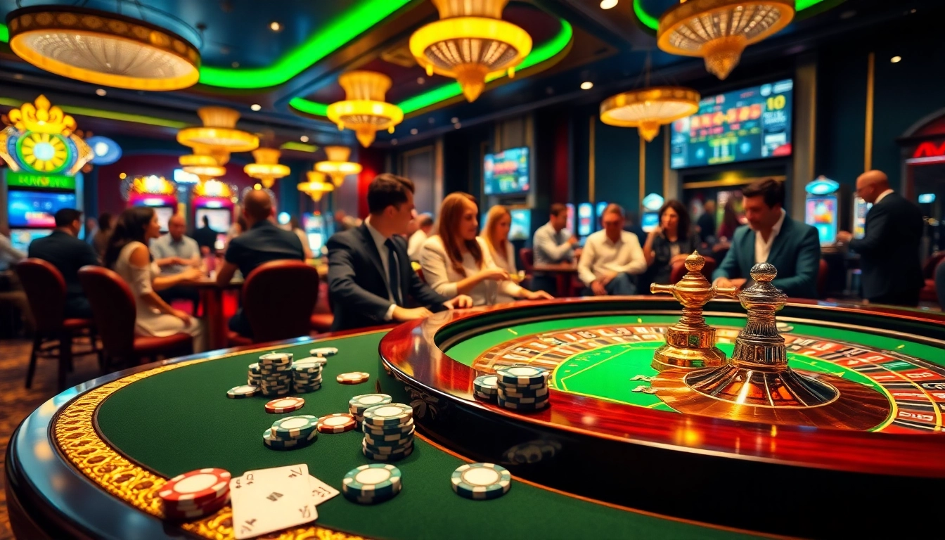 Experience the thrill of gambling at https://nh88.net/ with vibrant casino tables, chips, and eager players.