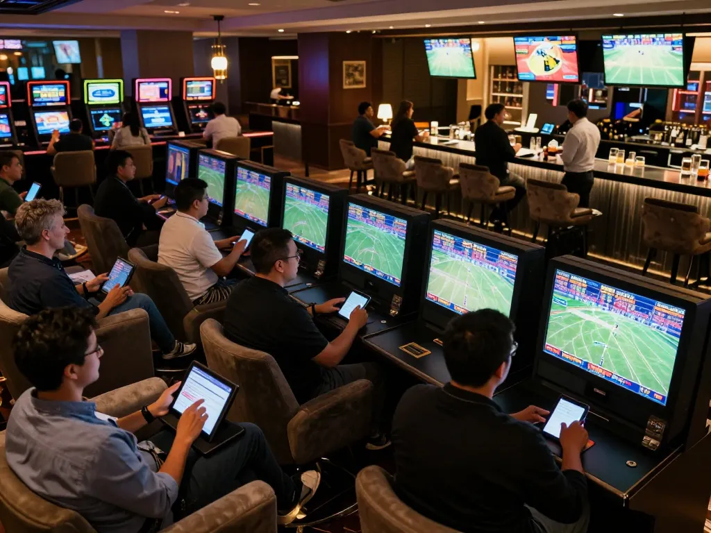Engaged bettors analyzing odds for หนังใหม่ชนโรง during lively sports betting session in upscale casino lounge