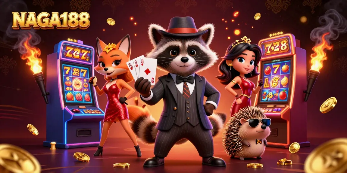 NAGA188 hadir dengan ilustrasi kasino slot ceria, menampilkan karakter unik dan mesin permainan