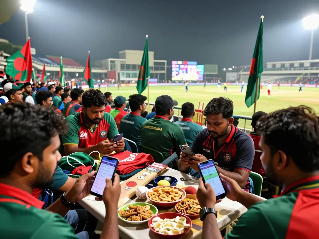 JeetBangla cricket betting scene with fans analyzing live match odds and placing bets.