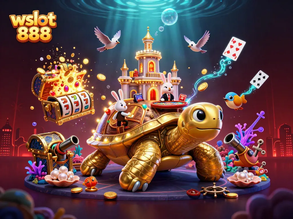 Wslot 888 mempersembahkan ilustrasi 3D kartun dengan karakter unik dan simbol hiburan kasino.