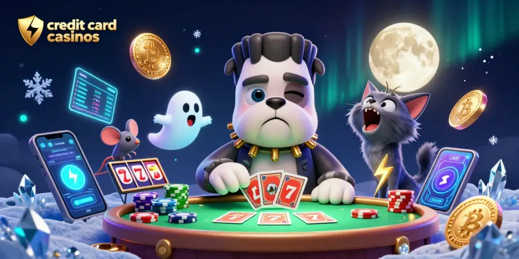 Experience excitement at credit card casinos with a Frankenstein bulldog dealing cards and a werewolf kitten howling.