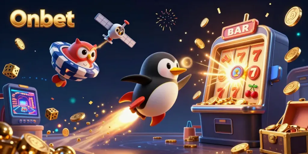 Experience the excitement of Onbet with a golden penguin racing towards a casino chip among jackpot bursts.