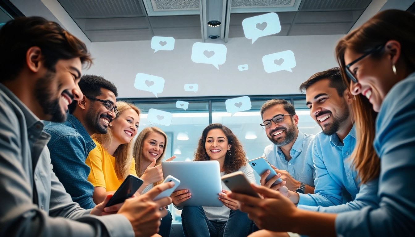 مشهد تفاعلي لشات الرياض يجمع أفراداً من خلفيات متنوعة يتواصلون عبر أجهزة رقمية.