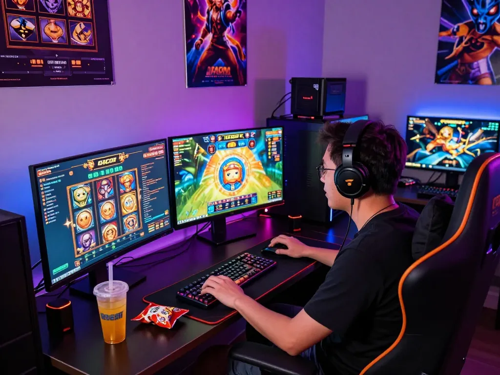 Gamer enjoying slot gacor experience in a vibrant, colorful gaming setup with multiple monitors and accessories.
