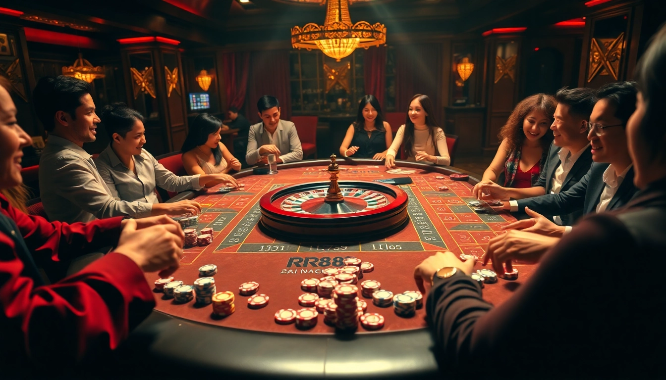 RR88 players strategizing at a vibrant casino table with poker chips.
