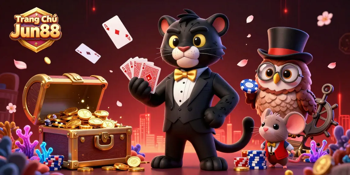 Experience the excitement of Trang Chủ Jun88 as a stylish black panther deals cards amidst vibrant casino elements.