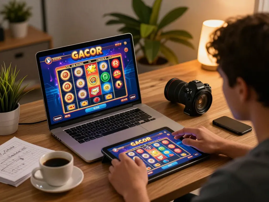 Pemain yang terlibat dengan permainan slot gacor di laptop di rumah yang nyaman, menyoroti pengalaman perjudian interaktif.