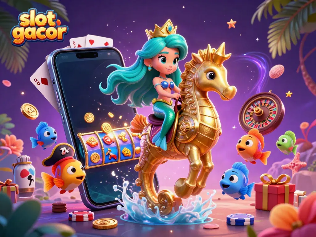 Experience the thrill of slot gacor with a colorful mermaid and seahorse in a vibrant casino scene.