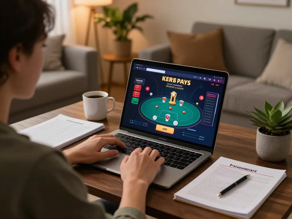 Engaging in online poker gameplay at Tr88 com from a cozy home setting, showcasing strategy notes and a focused player.