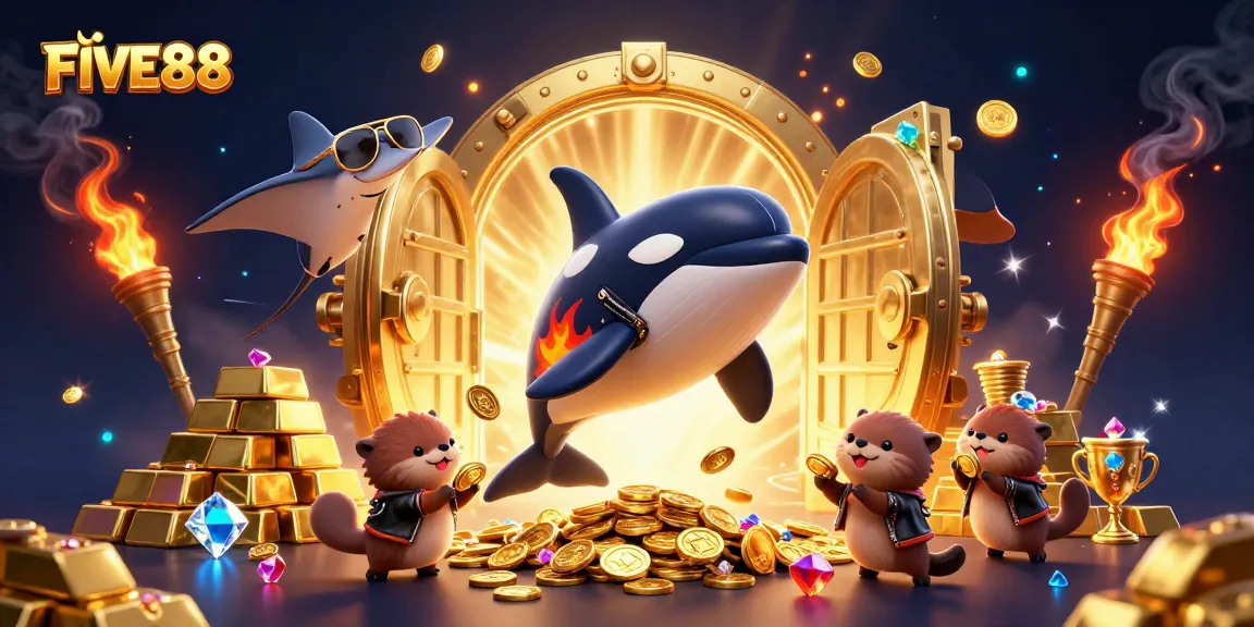 Experience the excitement of FIVE88 with a dazzling 3D casino scene featuring vibrant characters and golden treasures.