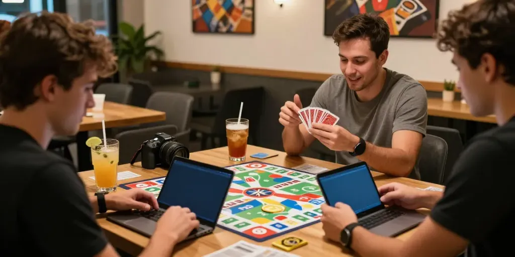 Players enjoying rumble rummy on mobile devices in a vibrant lounge atmosphere.