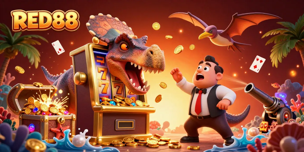 Watch RED88 come to life as a dinosaur wins jackpot coins at a vibrant casino scene!