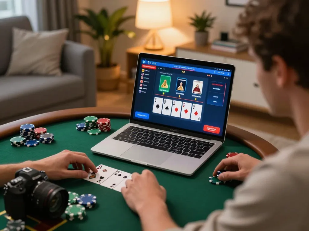 Engaging online poker session at home with 23win on the screen, showcasing strategic gameplay.