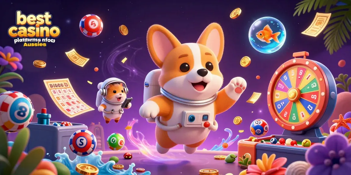 Experience the thrill at the best casino platforms for Aussies with a corgi astronaut and vibrant gaming elements.