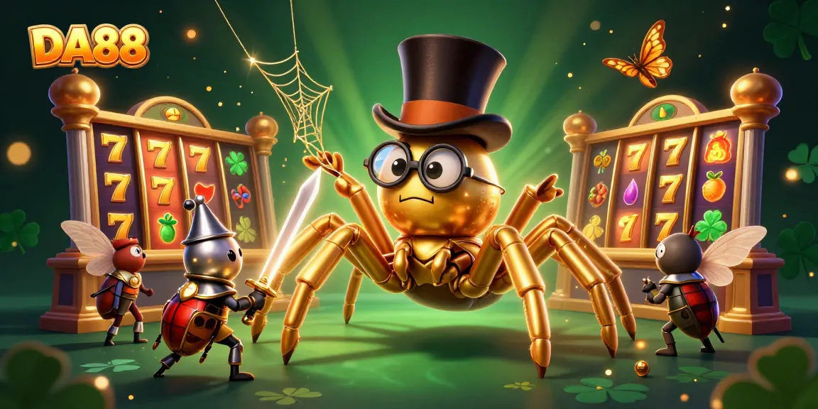 Engage with DA88's thrilling slots, featuring a golden tarantula and beetle knight surrounded by vibrant game elements.