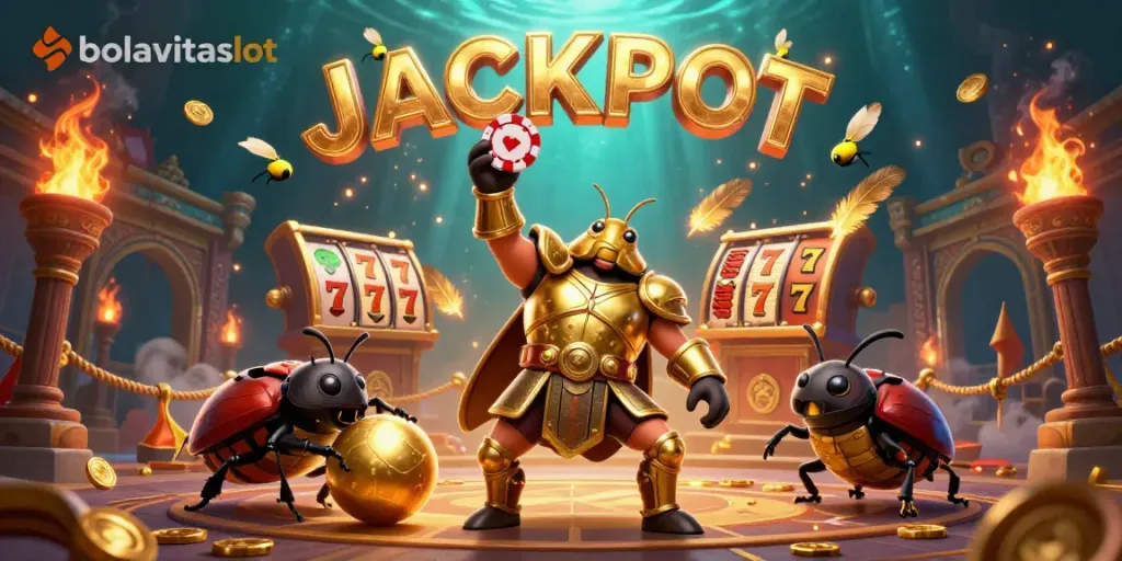 Experience the thrill of bolavitaslot with a victorious beetle celebrating jackpot wins under vibrant lights.