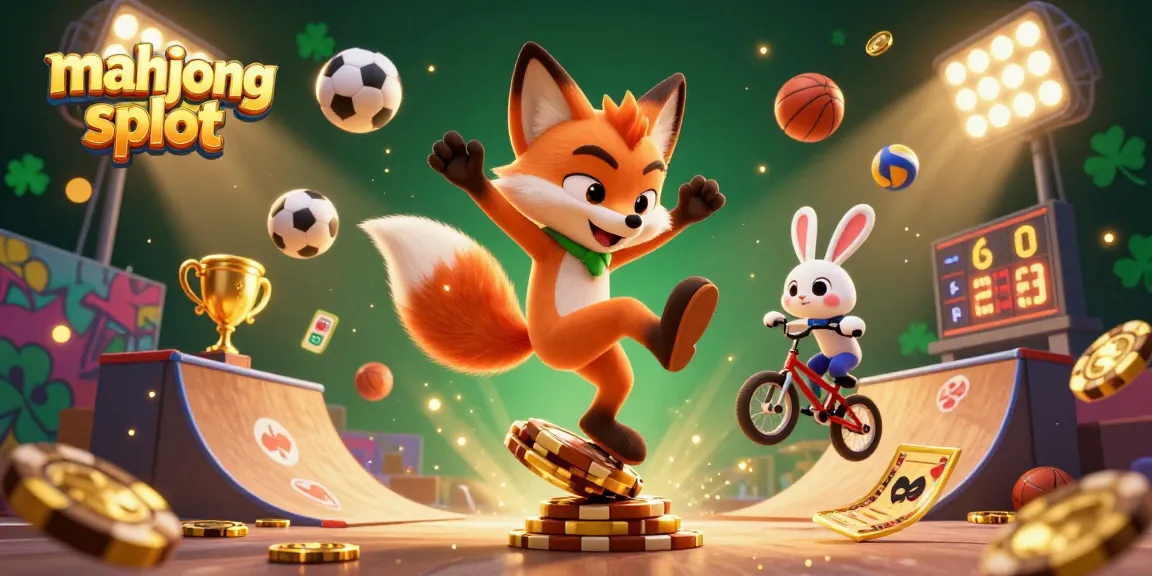 Experience the thrill of mahjong slot where a dynamic fox and rabbit showcase their tricks amidst gold coin action and vibrant casino elements.
