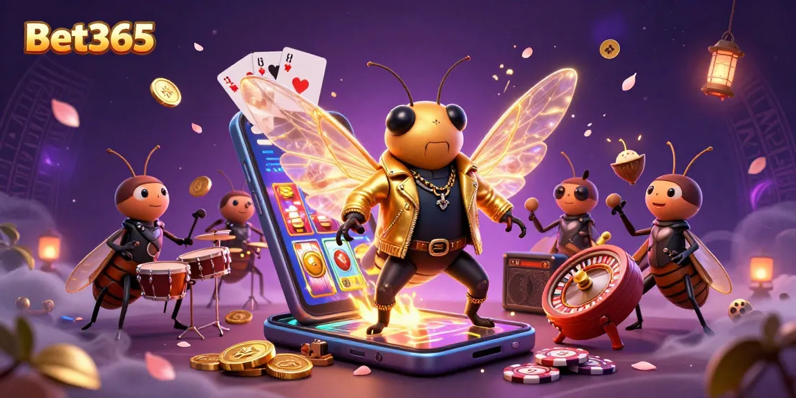 Bet365 enhances the gambling experience with a vibrant 3D scene featuring a cicada rock star and gaming elements.
