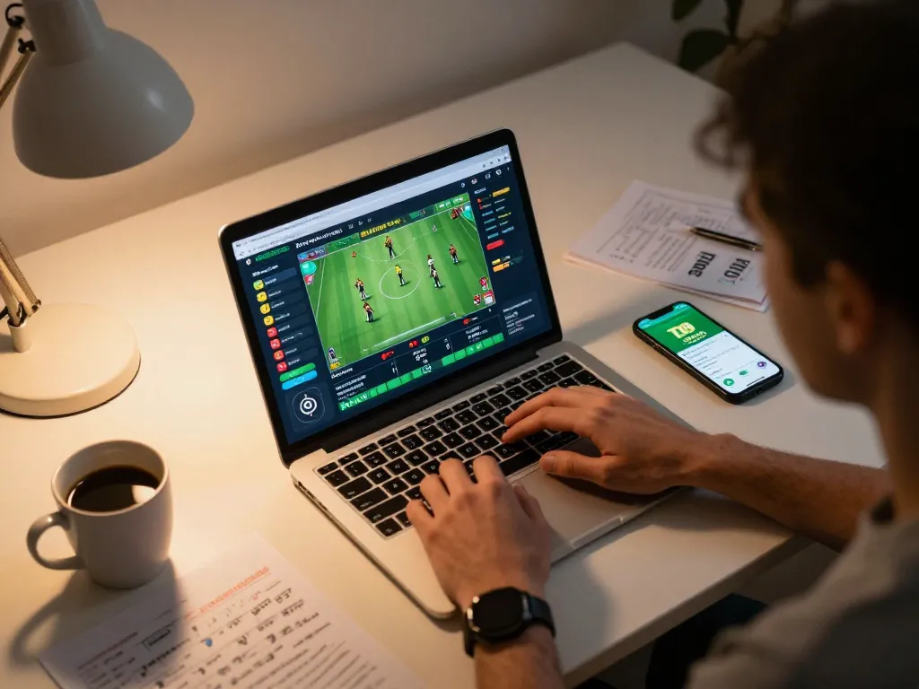 Dynamic sports betting scene with TD88 app on laptop, showcasing responsible gaming and strategy