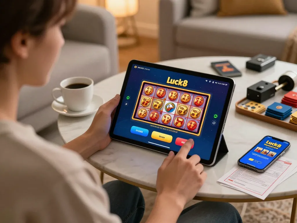 Trải nghiệm sự hào hứng của ứng dụng Luck8 với một người chơi tham gia tại nhà trong một không gian ấm cúng.