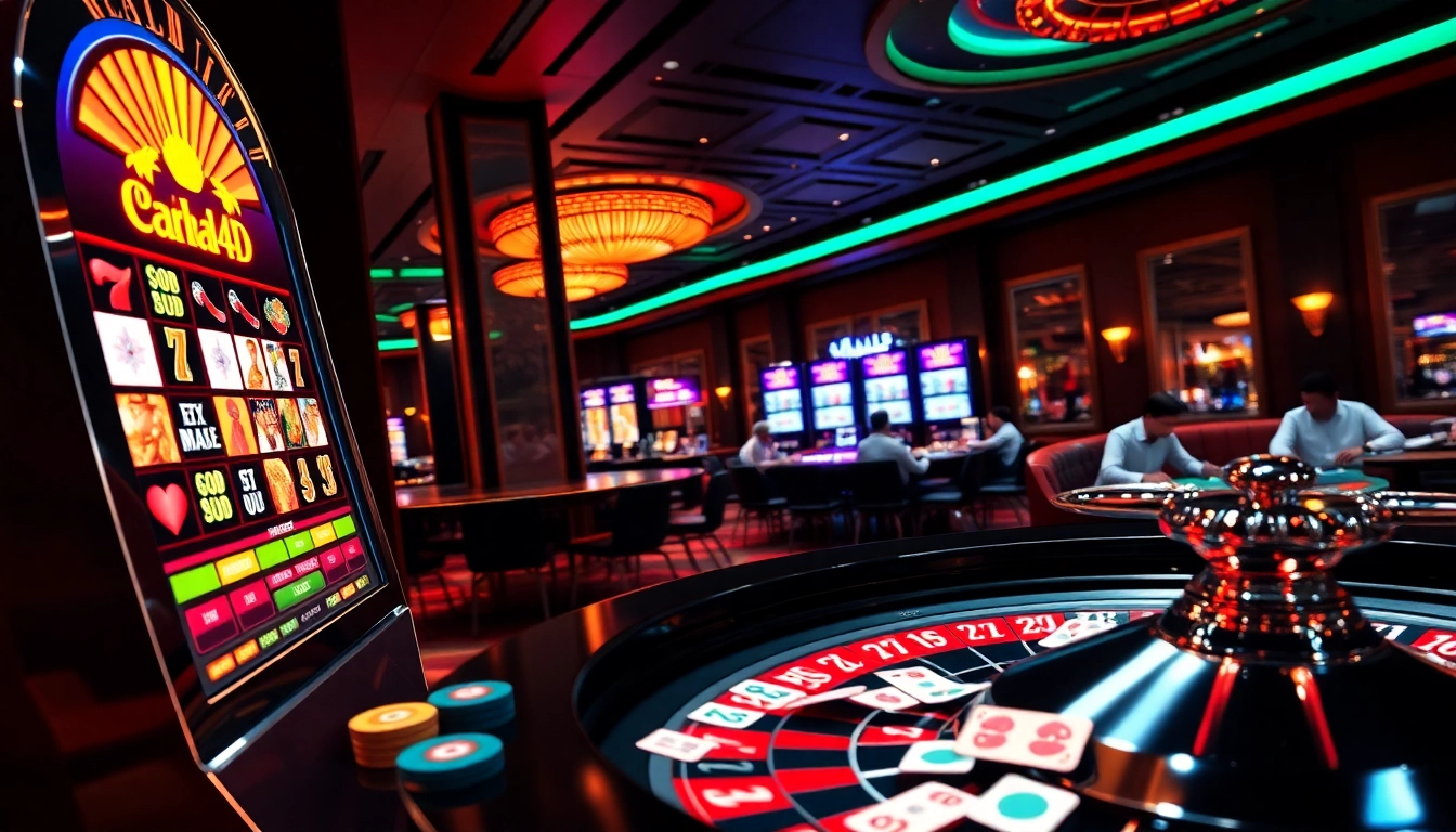 Gambling excitement unfolds at pahala4d with players engaging around vibrant casino tables.