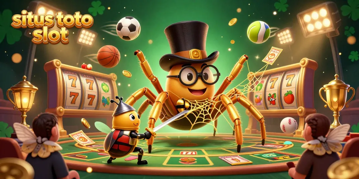 Engage with situs toto slot in a vibrant 3D scene featuring a golden tarantula and sports elements.