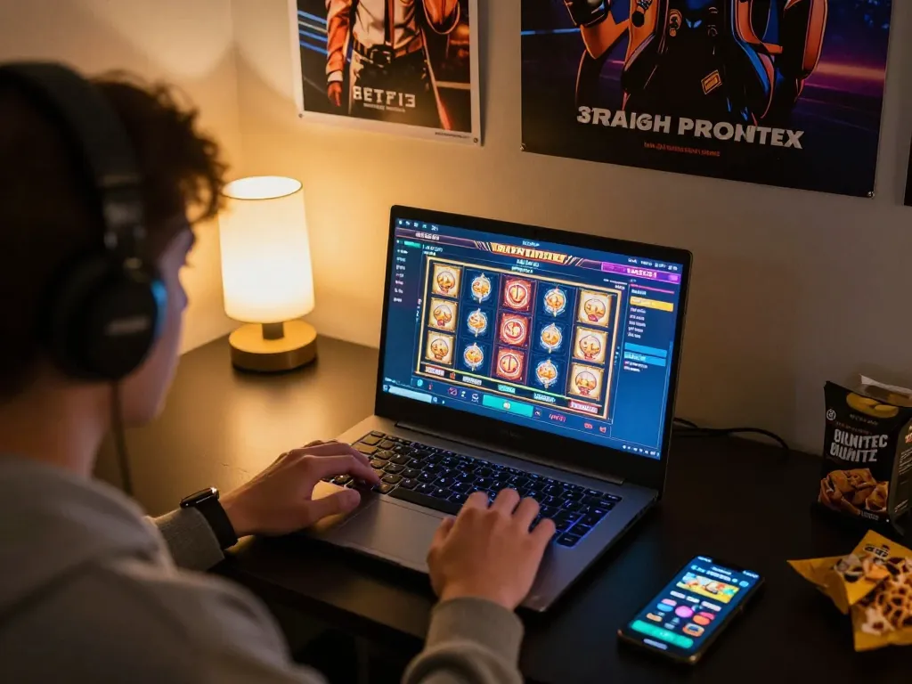 Player enjoying situs gacor slot games on a laptop with vibrant graphics and cozy atmosphere.