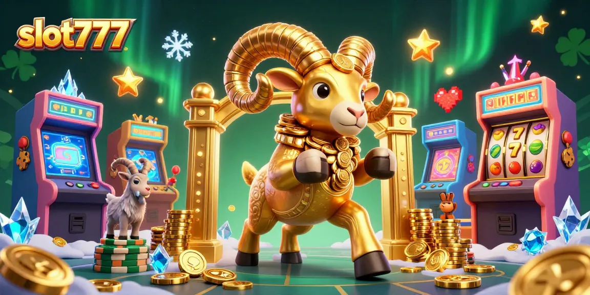 Experience thrilling slot777 gaming with a golden ram charging through a jackpot-filled casino landscape.