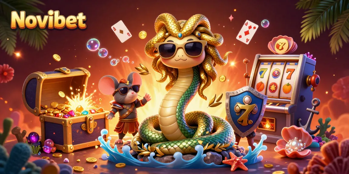 Experience exhilarating gaming with Novibet's vibrant 3D casino scene featuring Medusa and a warrior mouse.