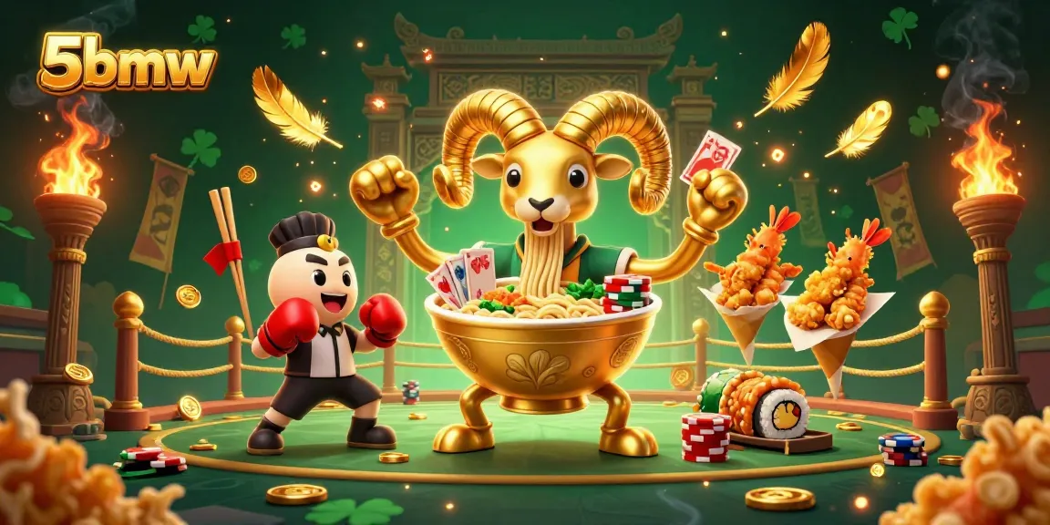 Join the fun at 5bmw with giant golden ramen bowl characters in a dynamic casino scene.