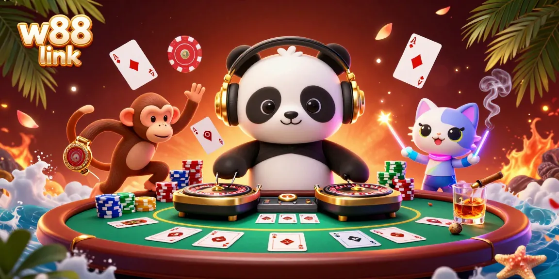 Engage with the vibrant scene of w88 link featuring animated casino characters enjoying a dynamic gambling atmosphere.