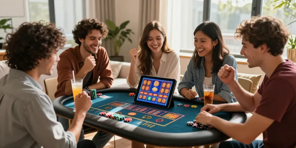 Friends enjoying online casinos together in a bright living room.