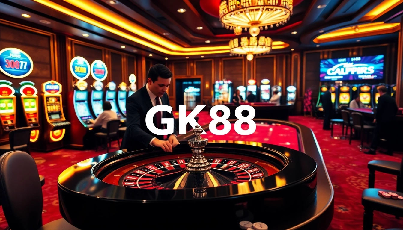 GK88 roulette table scene with professional croupier and excited gamblers in a luxurious casino setting
